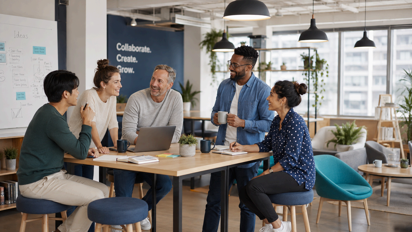 Equipo diverso alrededor de una mesa de trabajo
